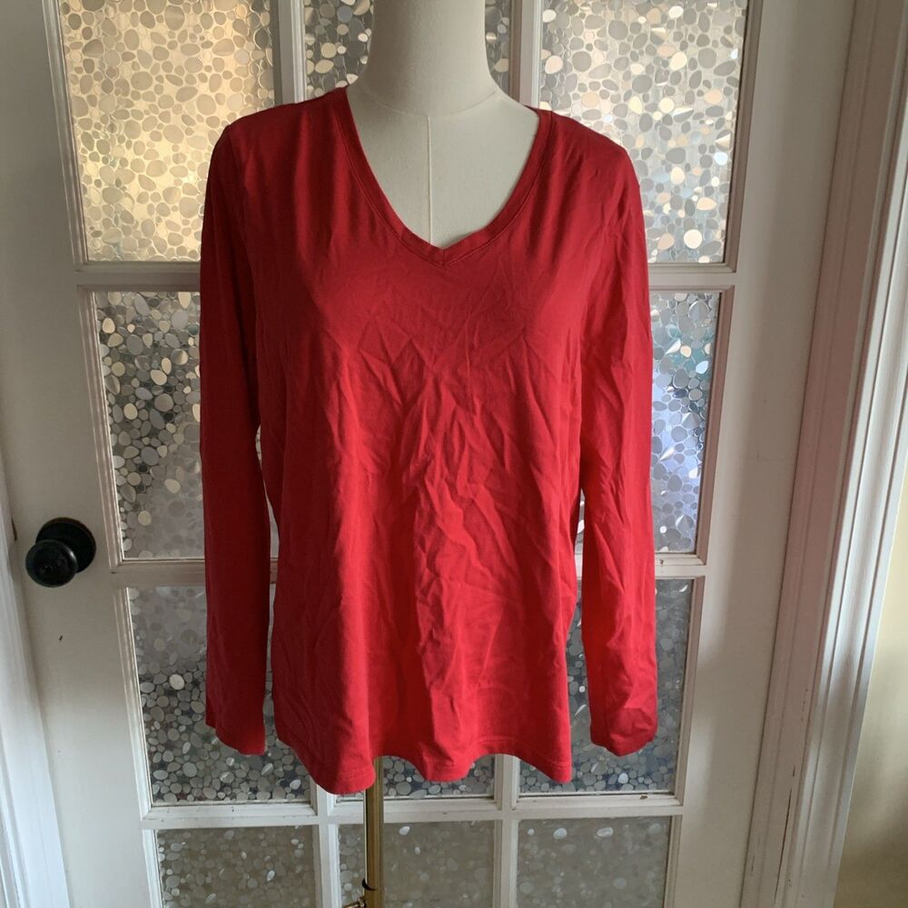 Lands End V Neck Tee Sz M Soft Cotton Bright Red